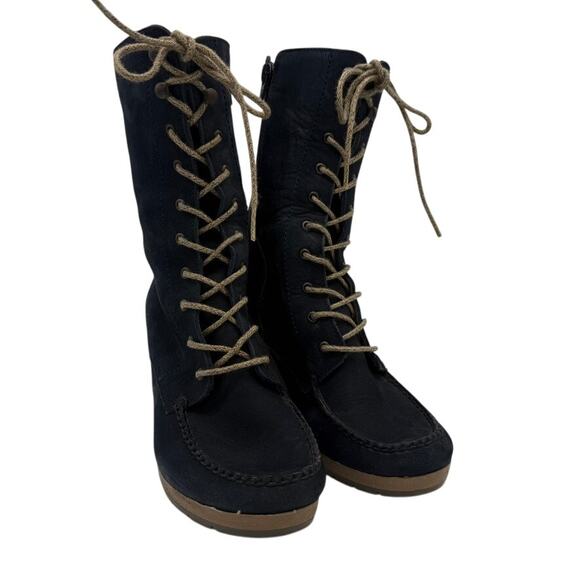 Julio de Mucha Shoes - Julio de Mucha Navy Nubuck Lace-Up Wedge Boots Side Zip EU36 US5.5–6